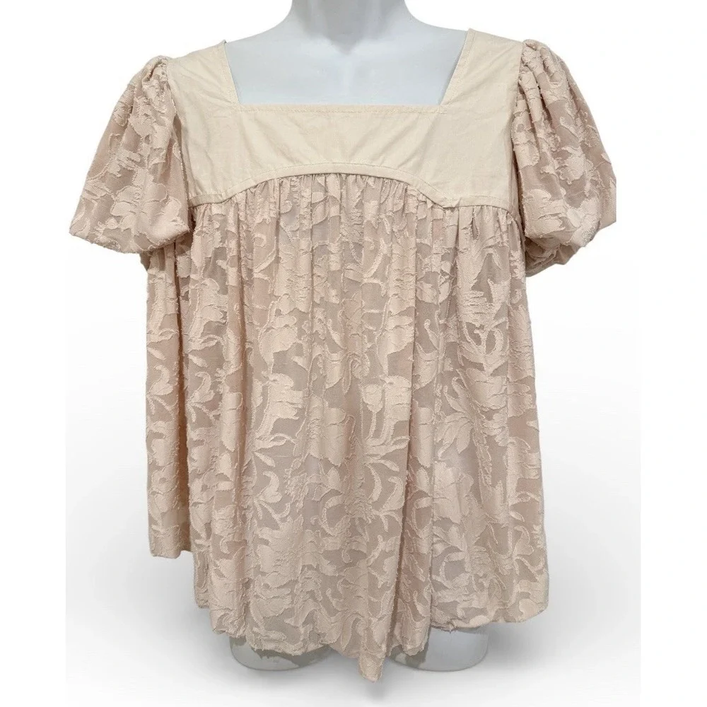 Free People Top M Blush‎ Lace Babydoll Tunic Puff Sleeve Boho Romantic Whimsy